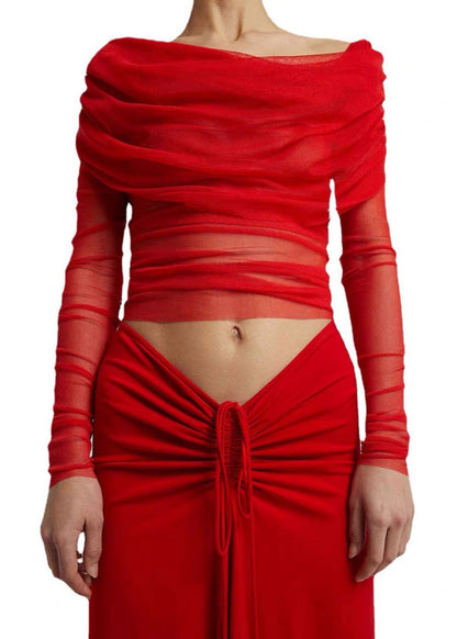 Sexy Black Slash Neck Pleated Tulle Long Sleeved Slim Fit T-Shirt