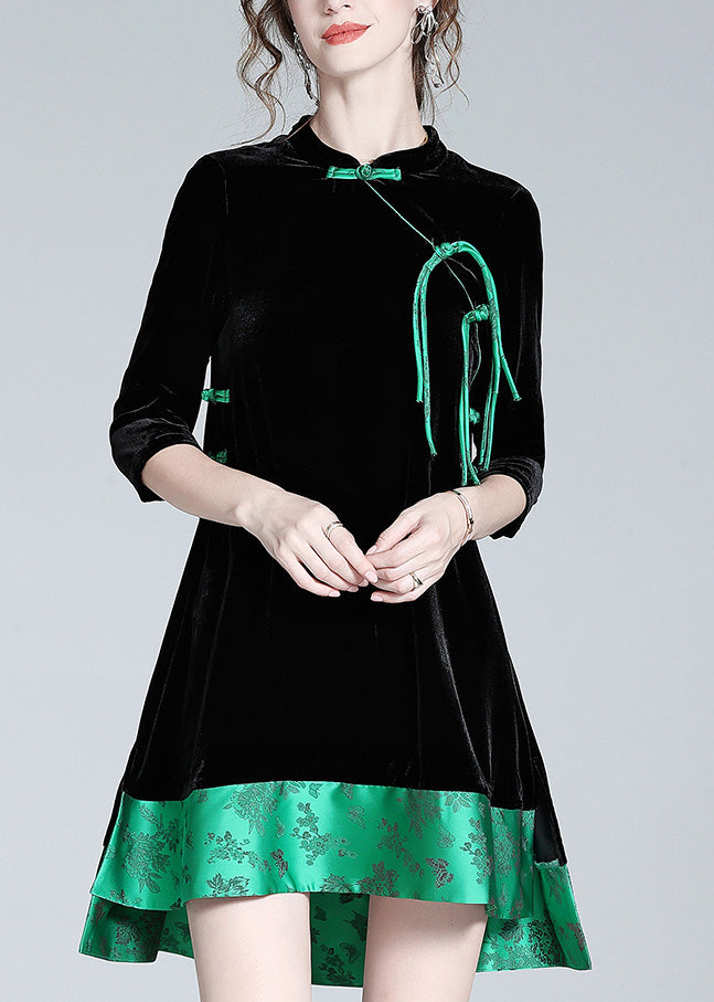 Black Stand Collar Print Low High Design Silk Velour Maxi Dresses Long Sleeve