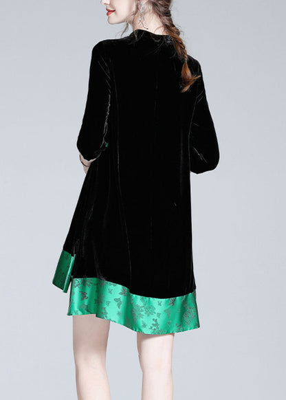 Black Stand Collar Print Low High Design Silk Velour Maxi Dresses Long Sleeve