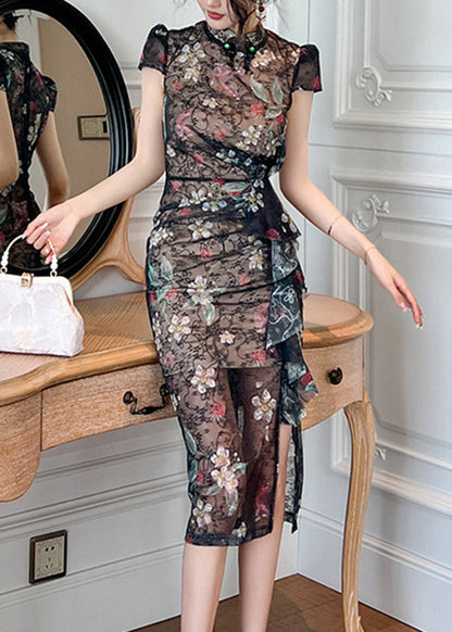 Black Stand Collar Print Ruffled Patchwork Lace Maxi Dresses Short Sleeve
