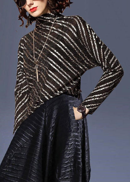 Sexy Black Stand Collar Striped Top Batwing Sleeve