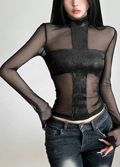 Sexy Black Turtleneck Sheer Tulle Top Spring