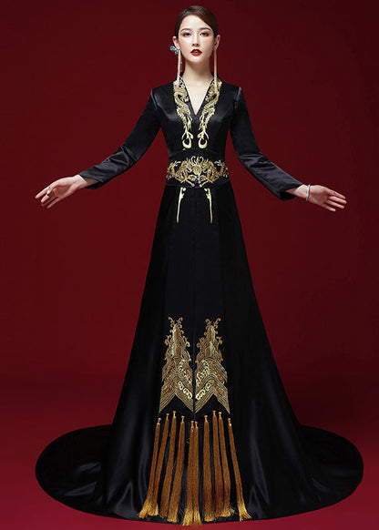 Black V Neck Embroidered Silk Maxi Dress Long Sleeve
