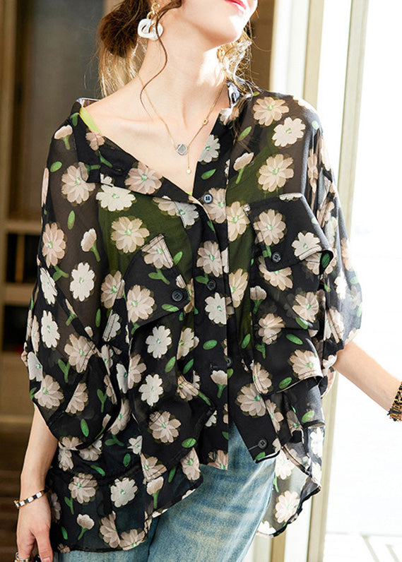 Black V Neck Print Button Chiffon Shirt Long Sleeve