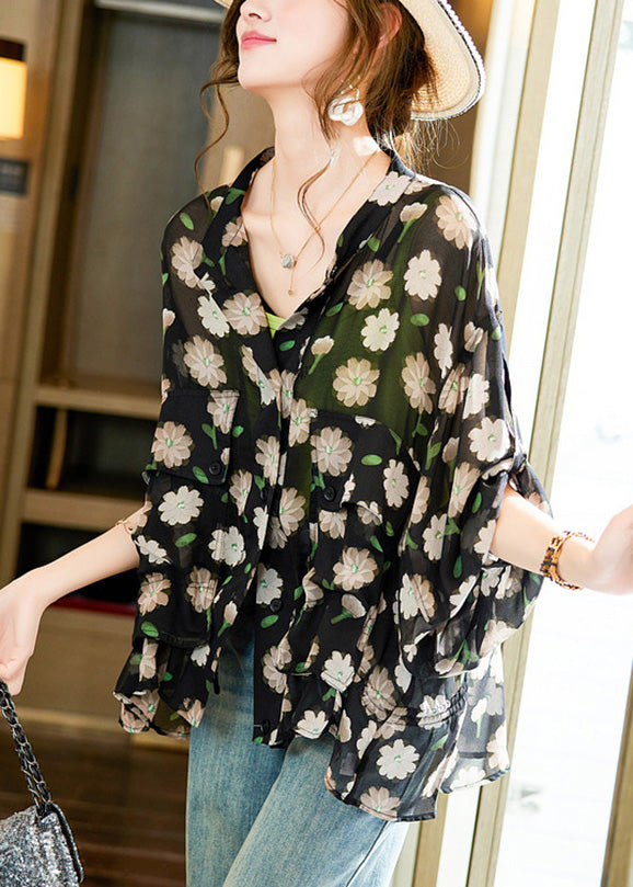 Black V Neck Print Button Chiffon Shirt Long Sleeve
