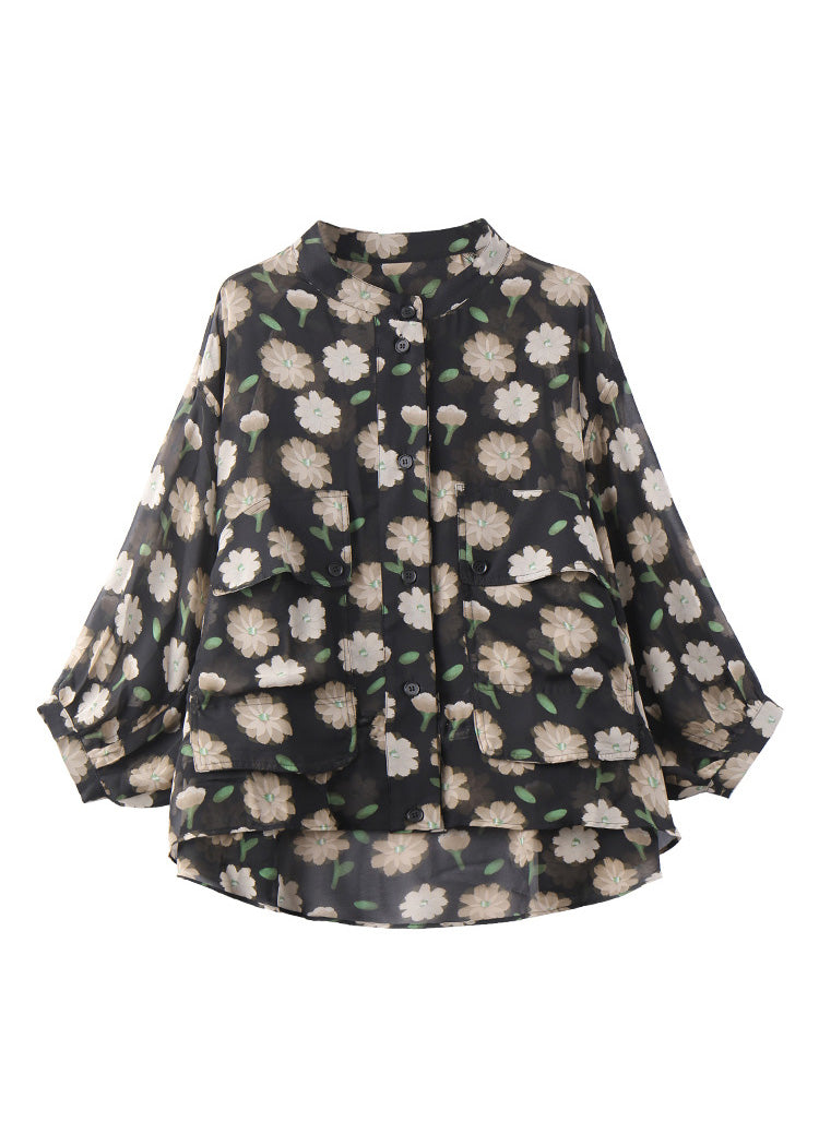 Black V Neck Print Button Chiffon Shirt Long Sleeve