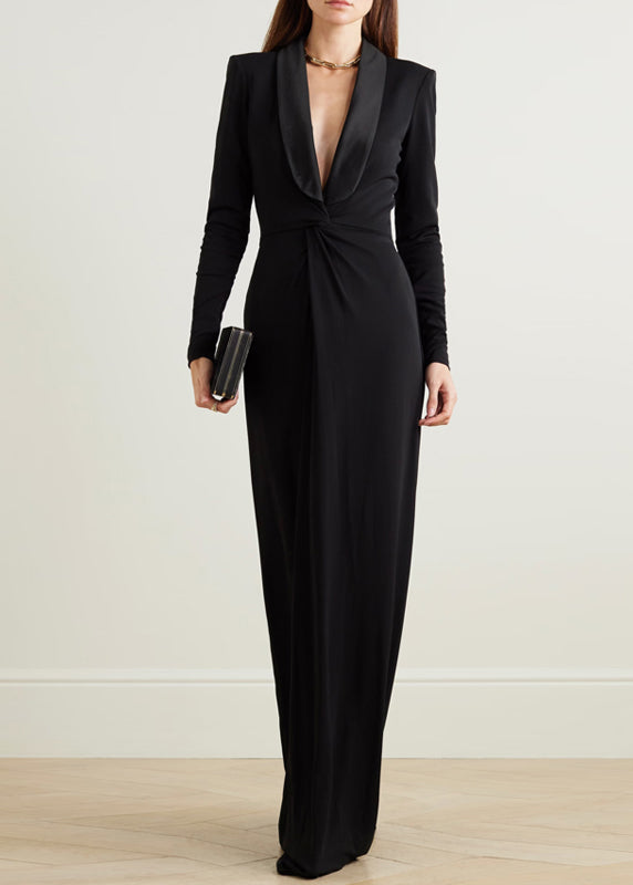 Black V Neck Slim Maxi Vestidos Spring