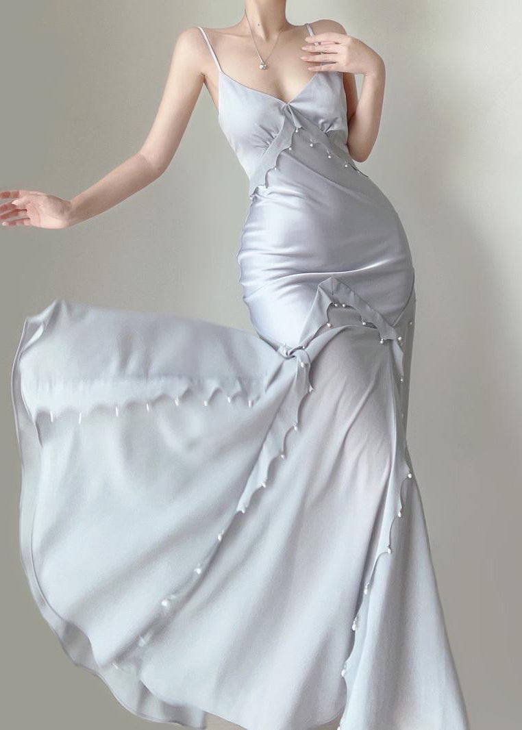 Blue Nail Bead Chiffon Patchwork Spaghetti Strap Dress Sleeveless