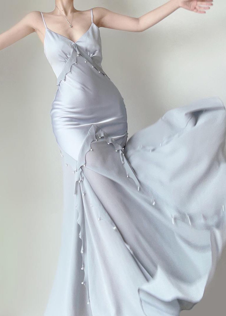 Blue Nail Bead Chiffon Patchwork Spaghetti Strap Dress Sleeveless