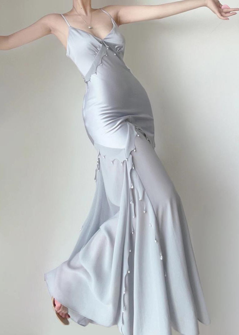 Blue Nail Bead Chiffon Patchwork Spaghetti Strap Dress Sleeveless