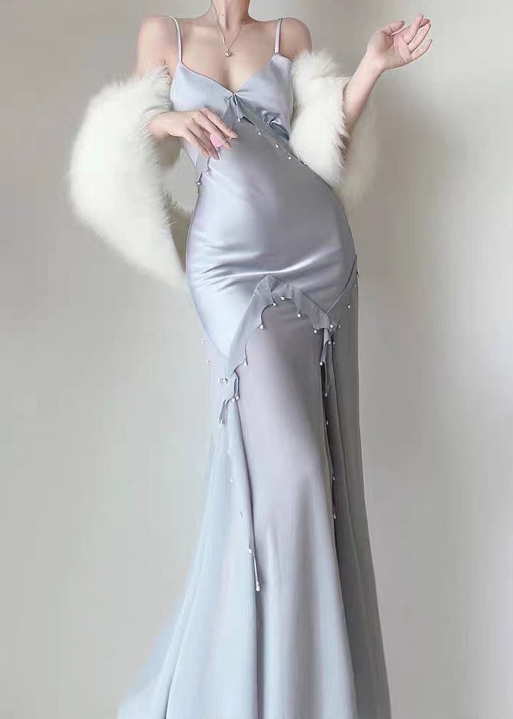 Blue Nail Bead Chiffon Patchwork Spaghetti Strap Dress Sleeveless