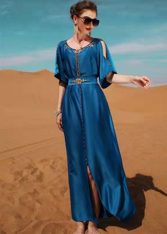Blue O-neck Patchwork Zircon Satin Maxi Dress Short Sleeve