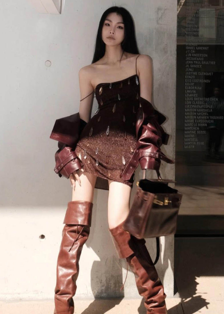 Brown Crystal Decorated Side Open Silk Spaghetti Strap Mini Dress Summer