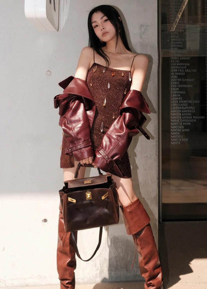 Brown Crystal Decorated Side Open Silk Spaghetti Strap Mini Dress Summer