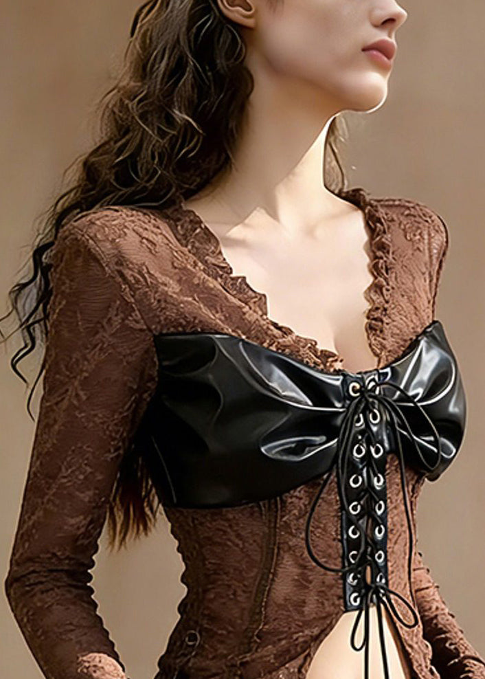 Coffee Ruffled Lace Up Patchwork Lace T Shirt Tops Spring