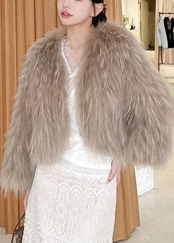 Coffee V Neck Leather and Fur Coat Spring