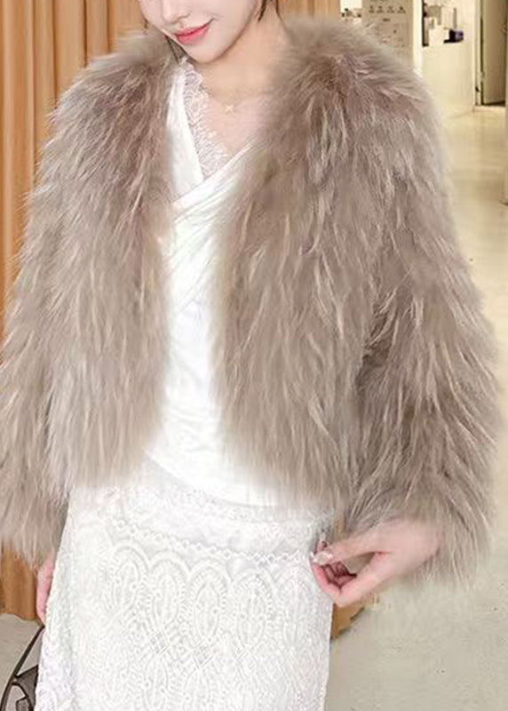 Coffee V Neck Leather and Fur Coat Spring