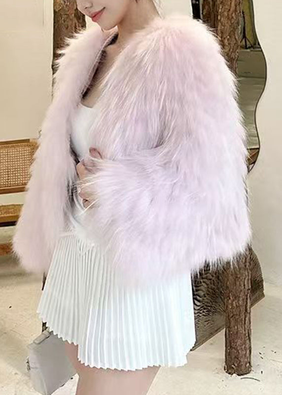 Coffee V Neck Leather and Fur Coat Spring