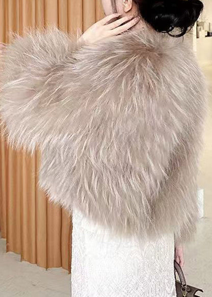 Coffee V Neck Leather and Fur Coat Spring