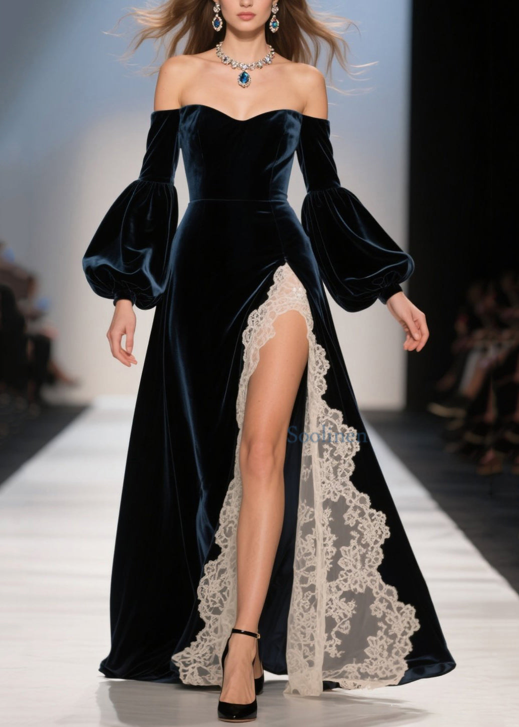 Cold Shoulder Lace Patchwork Velvet Dresses Spring