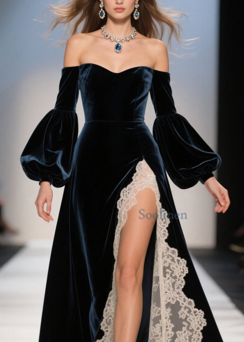 Cold Shoulder Lace Patchwork Velvet Dresses Spring