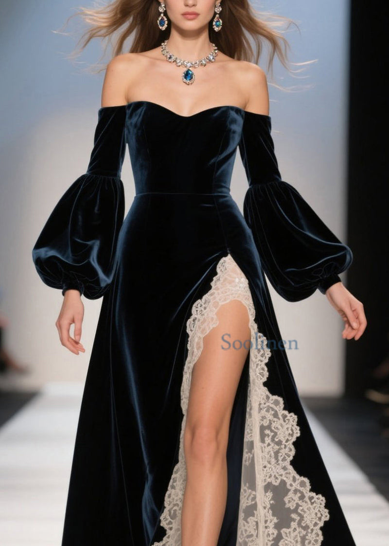 Cold Shoulder Lace Patchwork Velvet Dresses Spring