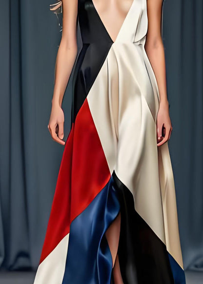 Colorblock V Neck Silk Spaghetti Strap Party Dress Sleeveless