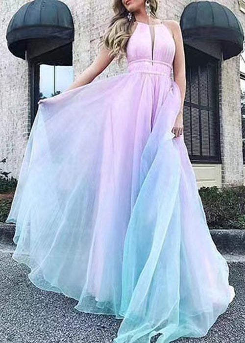 Gradient Color V Neck High Waist Tulle Maxi Dresses Sleeveless
