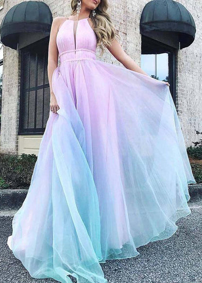 Gradient Color V Neck High Waist Tulle Maxi Dresses Sleeveless