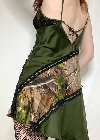 Green Backless Print Lace Patchwork Spaghetti Strap Mid Dress Sleeveless