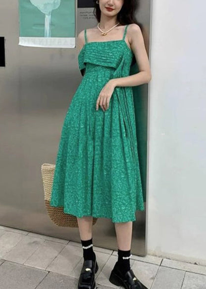 Green Cold Shoulder High Waist Cotton Spaghetti Strap Dress Sleeveless