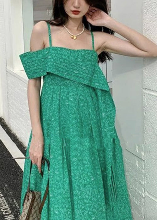 Green Cold Shoulder High Waist Cotton Spaghetti Strap Dress Sleeveless