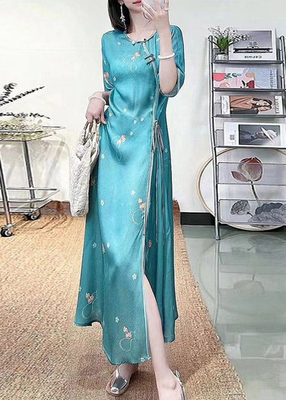 Green O-neck Embroideried Side Open Tie Waist Button Silk Long Dresses Half Sleeve