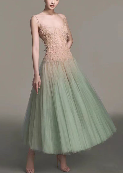 Green Sequins Lace Patchwork Tulle Spaghetti Strap Dress Sleeveless
