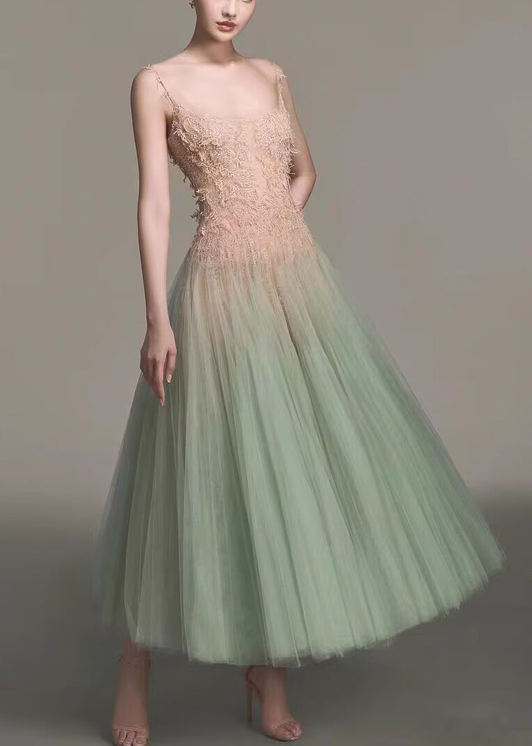 Green Sequins Lace Patchwork Tulle Spaghetti Strap Dress Sleeveless