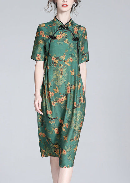 Green Stand Collar Print Button Silk Maxi Dress Short Sleeve