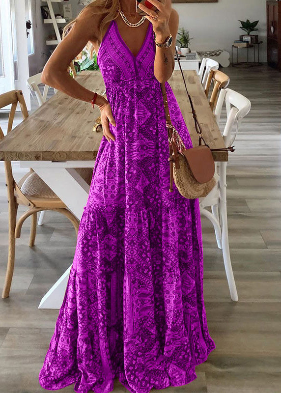 Green V Neck Print Holiday Long Spaghetti Strap Dress Sleeveless