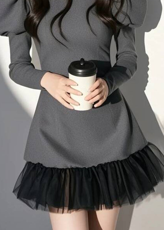 Grey O-neck Patchwork Mid Dress Puff Sleeve