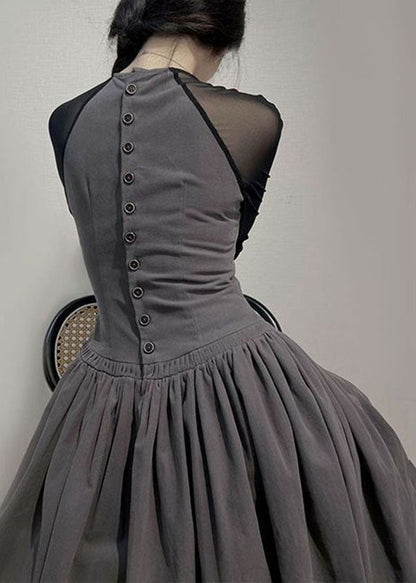 Grey O-neck Wrinkled Tulle Patchwork Long Dress Long Sleeve