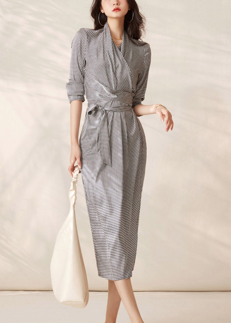 Grey V Neck Plaid Tie Waist Chiffon Dresses Long Sleeve