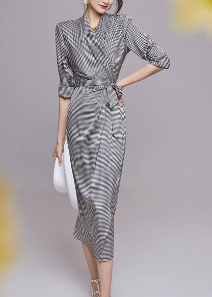 Grey V Neck Plaid Tie Waist Chiffon Dresses Long Sleeve
