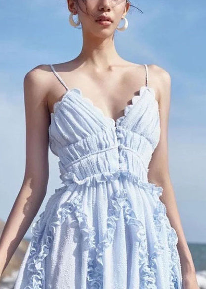 Light Blue Ruffled Patchwork Backless Spaghetti Strap Dresses Vestidos Summer