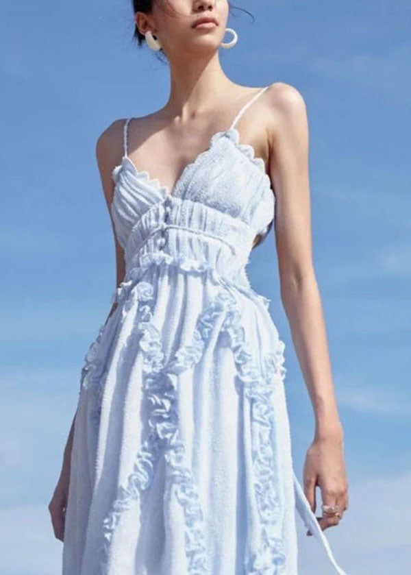 Light Blue Ruffled Patchwork Backless Spaghetti Strap Dresses Vestidos Summer