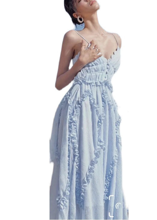 Light Blue Ruffled Patchwork Backless Spaghetti Strap Dresses Vestidos Summer