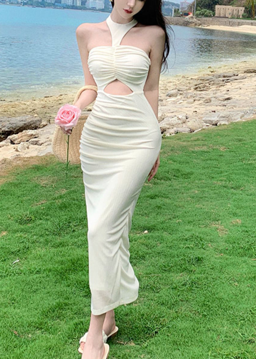 Milk White Wrinkled Cold Shoulder Hollow Out Long Dress Summer