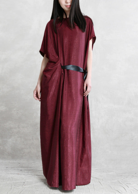 Mulberry O-neck Asymmetrical Tie Waist Silk Long Dresses Short Sleeve