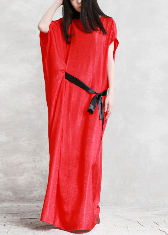 Mulberry O-neck Asymmetrical Tie Waist Silk Long Dresses Short Sleeve