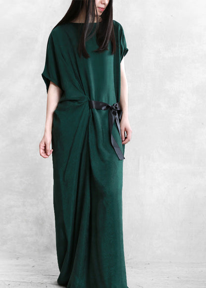 Mulberry O-neck Asymmetrical Tie Waist Silk Long Dresses Short Sleeve