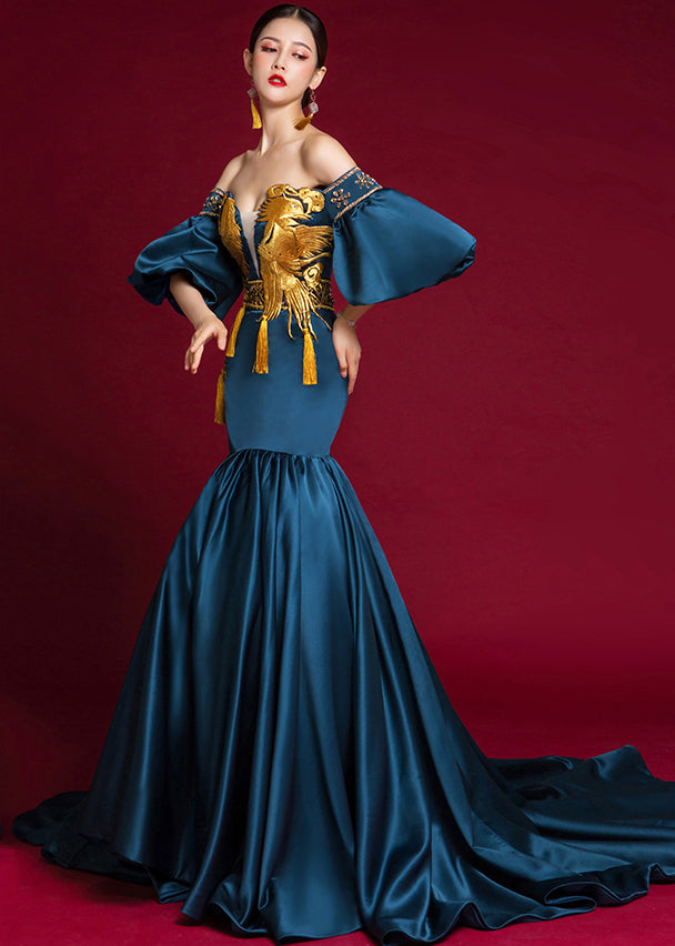 Navy Cold Shoulder Patchwork Silk Fishtail Dress Lantern Sleeve
