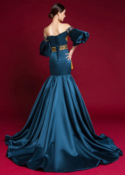 Navy Cold Shoulder Patchwork Silk Fishtail Dress Lantern Sleeve